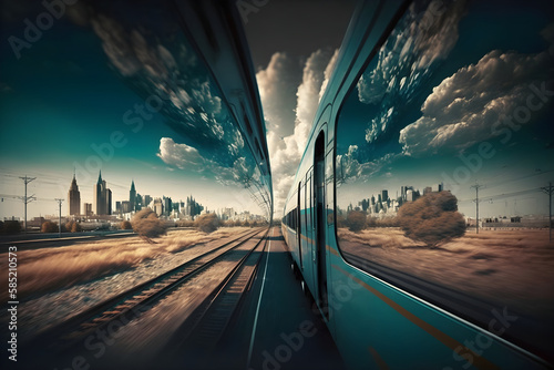 A landscape or cityscape shot taken from the middle of a journey, such as a moving car or train © Generative Ai