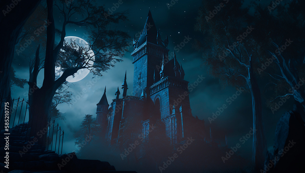 Creepy gothic old house, castle against the background of the night sky and the moon. Generative AI technology.	
