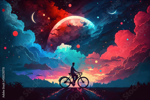 illustration painting of love riding on bicycle against night sky with colorful clouds, digital art style © Generative Ai