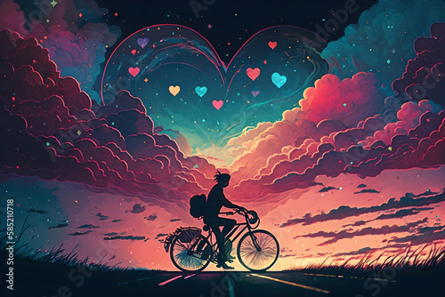 illustration painting of love riding on bicycle against night sky with colorful clouds, digital art style © Generative Ai
