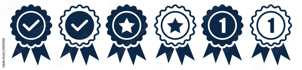 Quality approved certified award icon set. Prize or Medal badge icons. Premium ribbon with check mark. Victory or succeed symbol. Quality approved certified award icon set. Prize or Medal badge icons. Premium ribbon with check mark. Victory or succeed symbol.