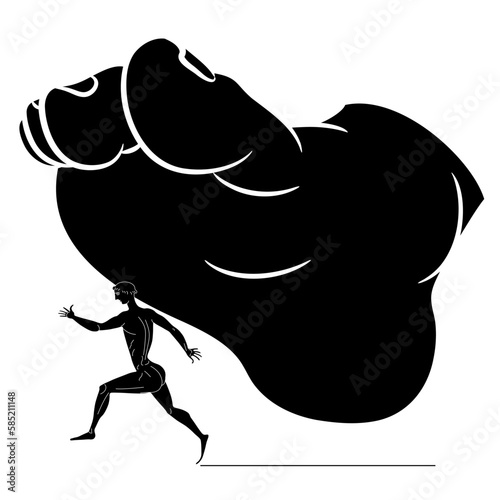 Giant bare human foot stepping on running ancient Greek man. Creative concept. Escape from fate and wrath of god. Black and white silhouette.