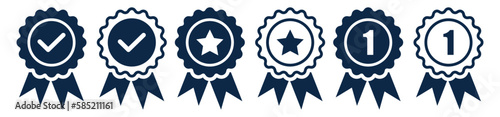 Quality approved certified award icon set. Prize or Medal badge icons. Premium ribbon with check mark. Victory or succeed symbol.