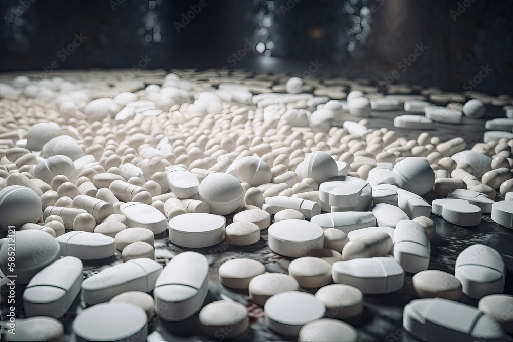 Obraz premium Pharmacy theme, white medicine tablets antibiotic pills. AI generated