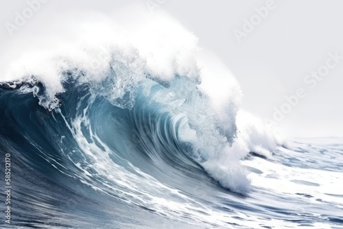 Sea waves rolling up in ocean, fresh and spray, white background with copyspace, generative ai © MVProductions