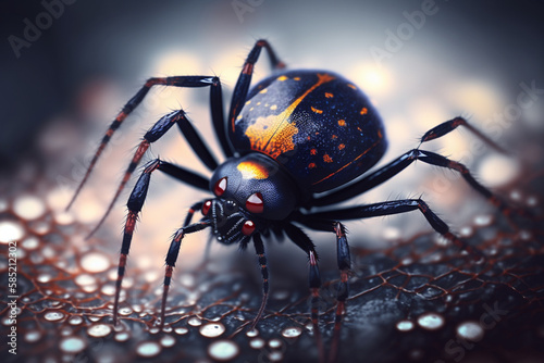 Hyperrealistic Illustration of a Black Widow Spider-Like Insect, Magnified Close-Up © artefacti