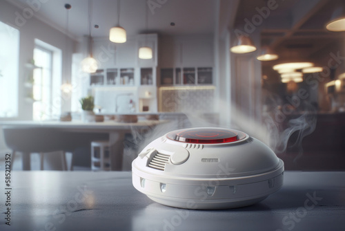 Smoke detector and fire alarm in action background. AI generated © yuliachupina