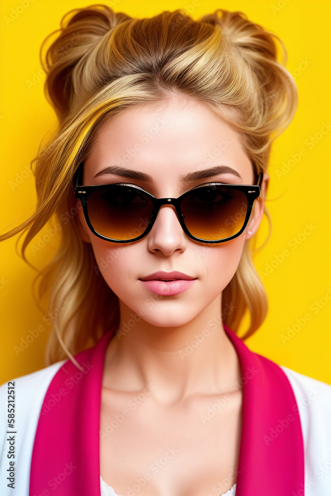 Portrait of an young woman with sunglasses on a abstract yellow background, summer vibrancy. Generative AI. Portrait of an young woman with sunglasses on a abstract yellow background, summer vibrancy. Generative AI.
