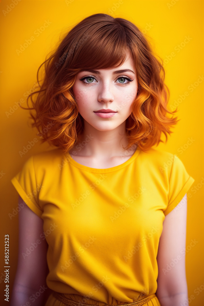 Portrait of an young woman on a abstract yellow background, summer vibrancy. Generative AI. Portrait of an young woman on a abstract yellow background, summer vibrancy. Generative AI.