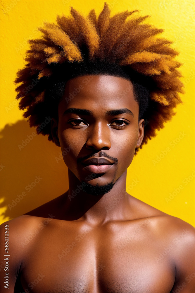 Portrait of an african man on yellow background, summer brightness. Generative AI.