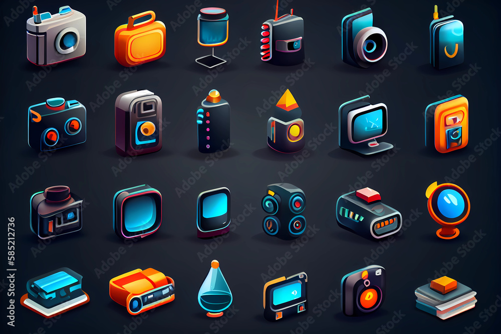 Icons related to technology and digital media, including icons for ...