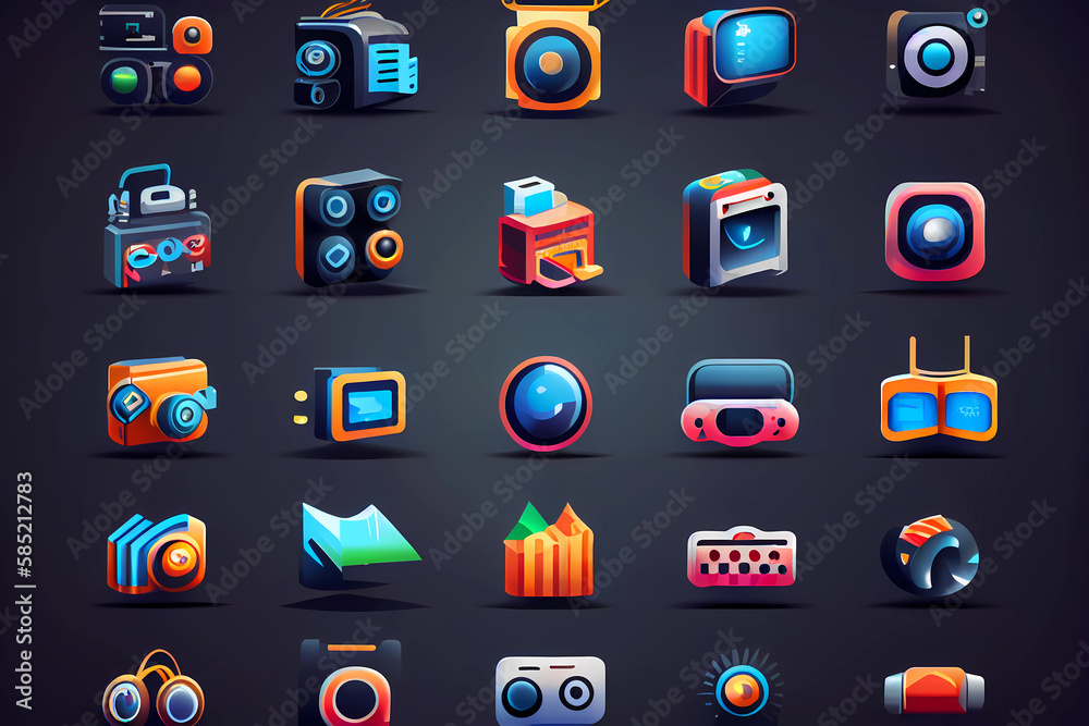 Icons related to technology and digital media, including icons for ...