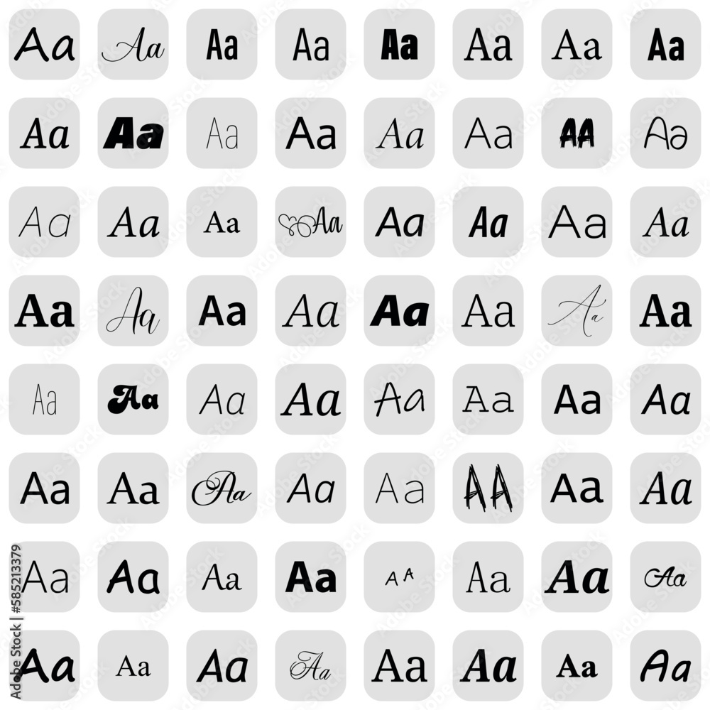 Letter A in different fonts on white background. Type design collection on grey buttons. Vector illustration. Letter A in different fonts on white background. Type design collection on grey buttons. Vector illustration.