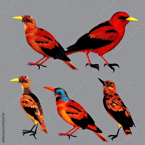 A set of three very bird with color transitions isolated on a transparent background. AI generated.