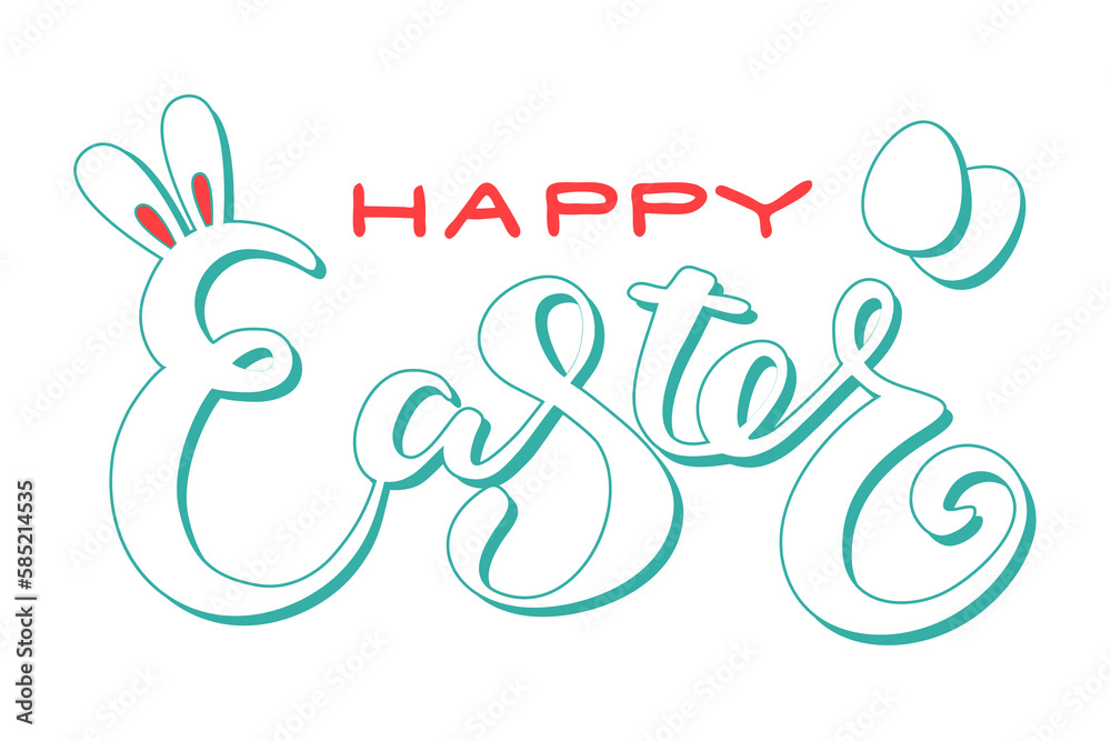 Obraz premium Cute Happy Easter lettering quote with bunny ears and eggs decoration, hand written with ink brush. Png clipart isolated on transparent background