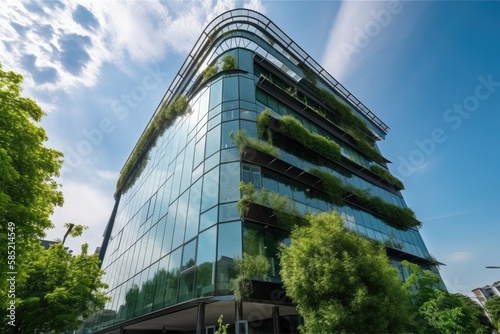 Green office building in a modern metropolis. Glass building with green tree branches and leaves to reduce carbon dioxide. Concept. High quality generative AI