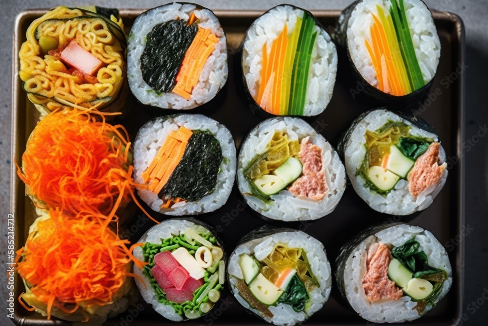 キンパ　海苔巻き Fresh kimbap korean rolls with vegetables, eggs, sauce, GENERATIVE AI