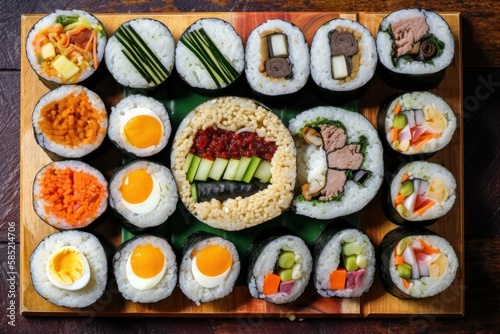 キンパ　海苔巻き Fresh kimbap korean rolls with vegetables, eggs, sauce, GENERATIVE AI