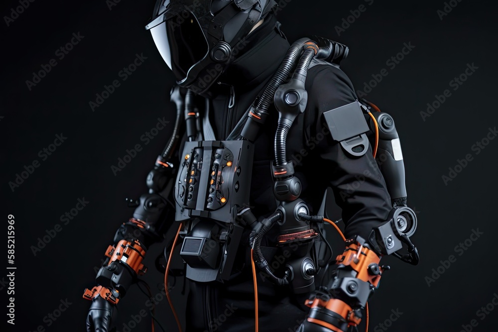 Wearable robotic exoskeleton suit. Wearable robotic devices, power armor, powered armor, powered suit, mobile machine that is wearable over all or part of the human body. AI generative Wearable robotic exoskeleton suit. Wearable robotic devices, power armor, powered armor, powered suit, mobile machine that is wearable over all or part of the human body. AI generative