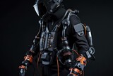 Wearable robotic exoskeleton suit. Wearable robotic devices, power armor, powered armor, powered suit, mobile machine that is wearable over all or part of the human body. AI generative