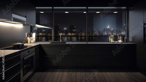 Modern kitchen interior design. Illustration AI Generative.