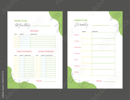 Monthly and weekly finance green  planner