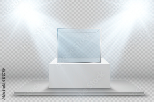 Glass showcase for the exhibition in the form of a cube. Background for sale illuminated by spotlights. Museum glass box isolated advertising or business design boutique. Exhibition hall.
