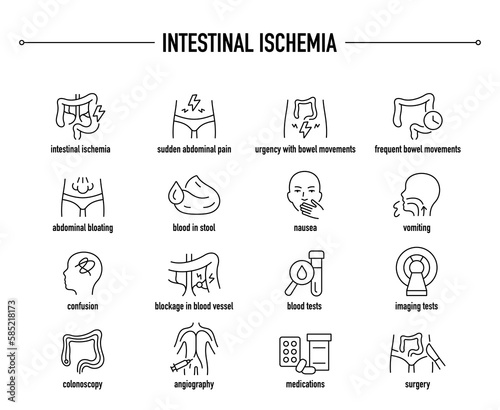 Intestinal Ischemia symptoms, diagnostic and treatment vector icon set. Line editable medical icons.