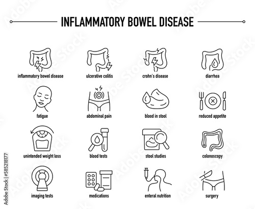 Inflammatory Bowel Disease symptoms, diagnostic and treatment vector icon set. Line editable medical icons. photo