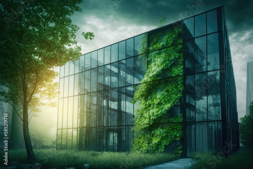 Green office building in a modern metropolis. Glass building with green tree branches and leaves to reduce carbon dioxide. Concept. Generative AI