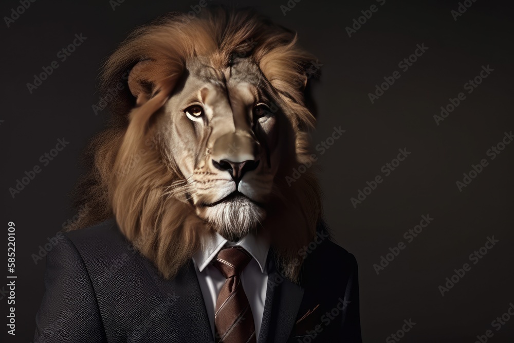 A lion dressed in formal attire, including a suit and tie. Generative AI A lion dressed in formal attire, including a suit and tie. Generative AI