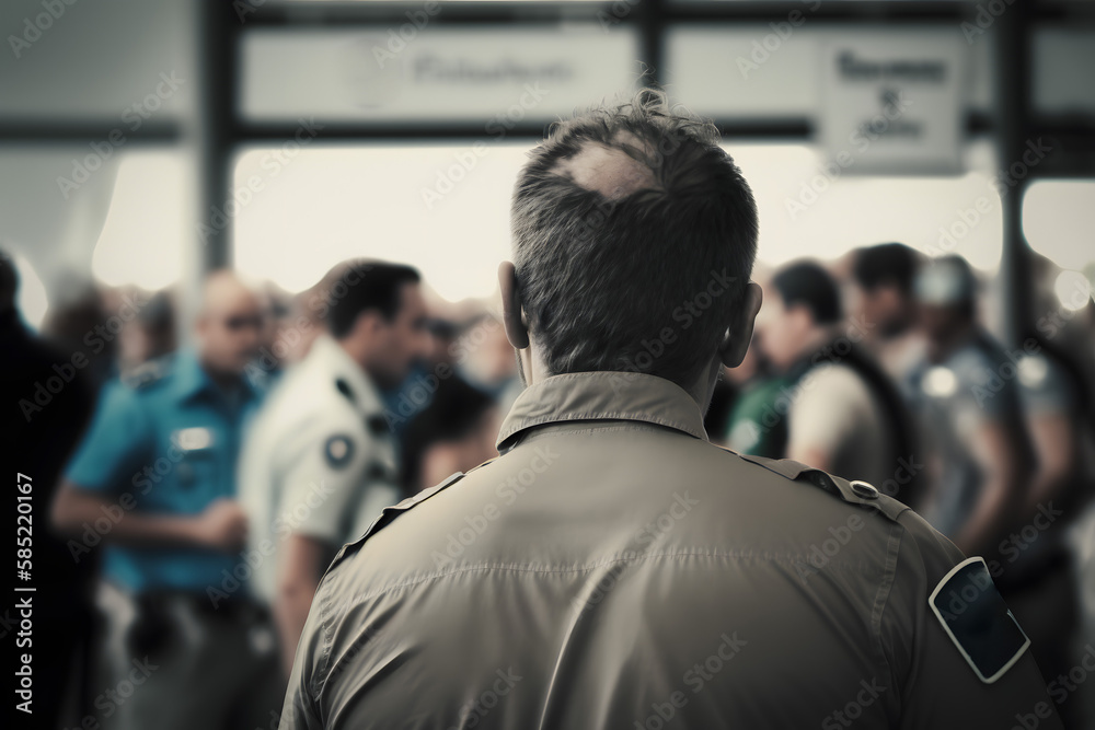 Border guard in uniform at passport control at the airport, rear view. Generative AI