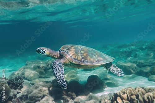 Green sea turtle gracefully swimming in clear blue ocean waters. Generative AI © Gelpi