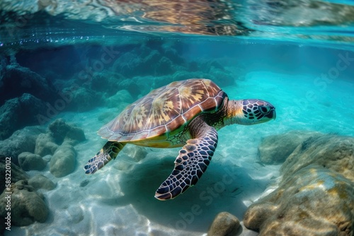 Green sea turtle gracefully swimming in clear blue ocean waters. Generative AI