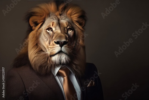 A lion dressed in formal attire, including a suit and tie. Generative AI