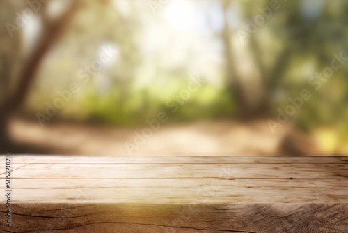 Rustic wooden table with blurred forest in the background. Generative AI