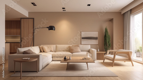 Modern living room interior design. Illustration AI Generative.