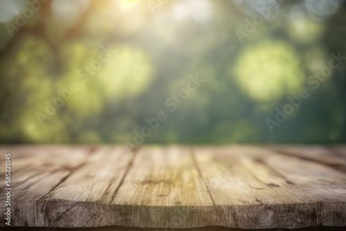 Rustic wooden table with blurred forest in the background. Generative AI