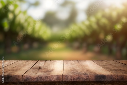 Rustic wooden table with blurred vineyard in the background. Generative AI