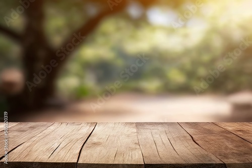 Rustic wooden table with blurred forest in the background. Generative AI