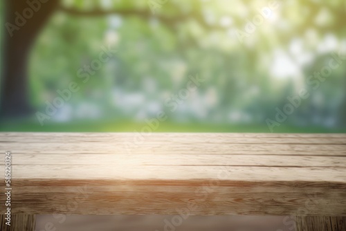 Rustic wooden table with blurred forest in the background