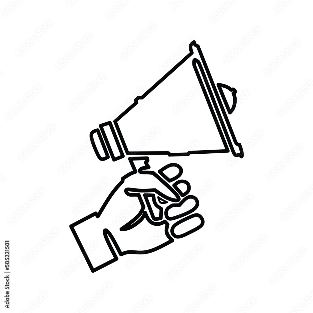 One line hand with megaphone. Person hold loudspeaker in continuous lines style. Symbol of sale, hiring or event announcement vector concept