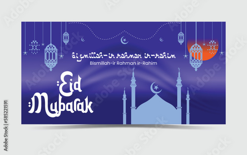 Ramadan Kareem set of posters or invitations designed paper cut islamic lanterns, stars, and moon on blue and violet background. Vector illustration. The place for text.