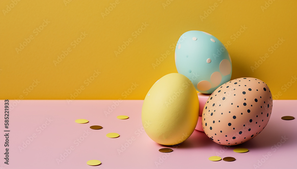 3d Easter eggs on pastel background with copy space, generative AI tools 