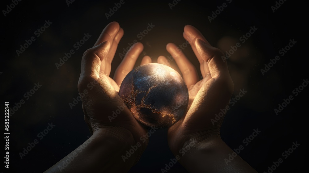hands holding the bright earth. Created with generative AI. hands holding the bright earth. Created with generative AI.