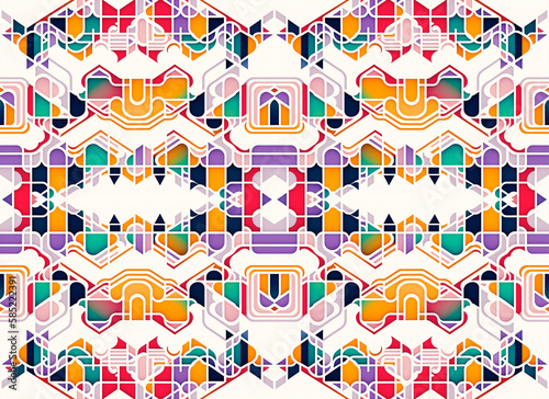 Psychedelic rapport of shapes in mirrored background for repeat. Seamless pattern Retro whit lines and shapes Groovy 70's style random in white background. Generative AI. 