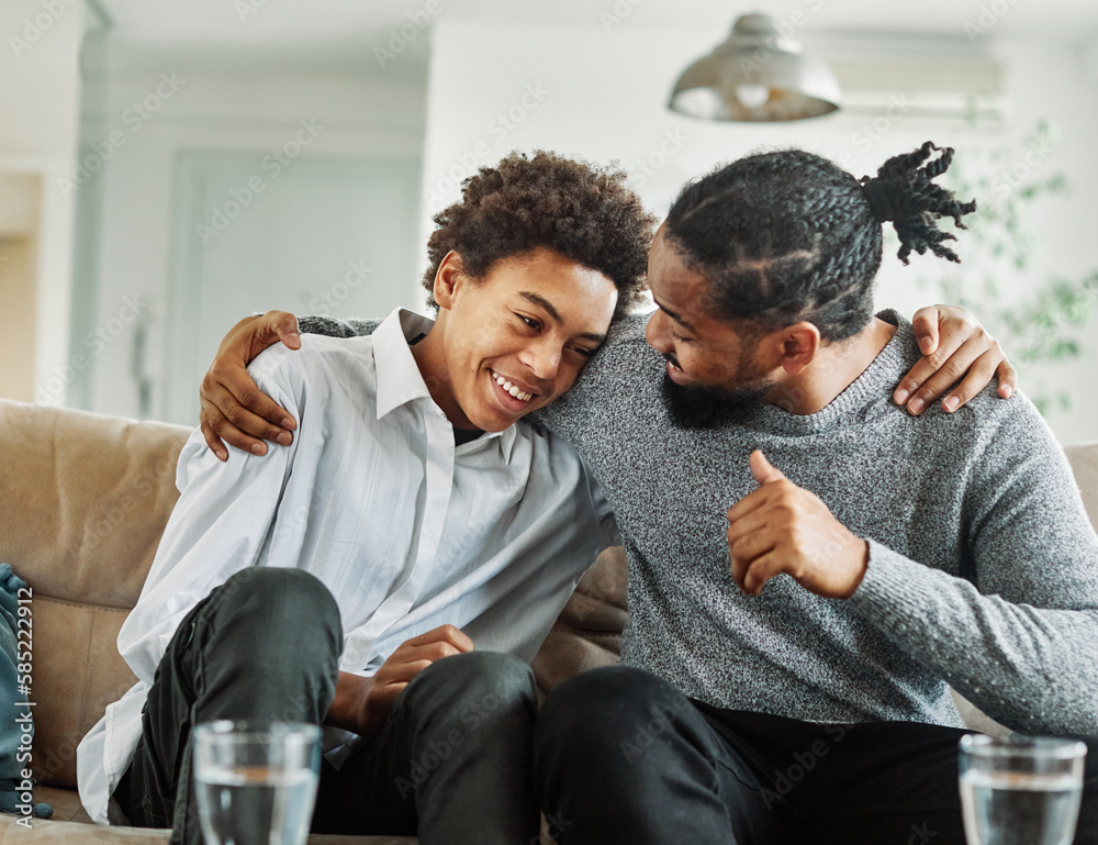 father son family man child conversation talking parent boy happy discussion communication together togetherness bonding care black home talk love dad fun leisure joy - obrazy, fototapety, plakaty 
