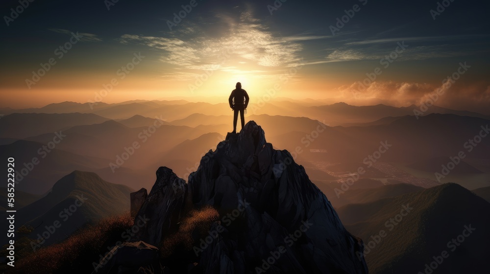 Fototapeta premium silhouette of man on top of mountain peak at sunset. Created with generative AI.