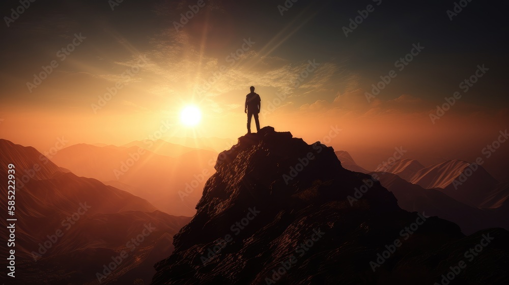 silhouette of man on top of mountain peak at sunset. Created with generative AI.