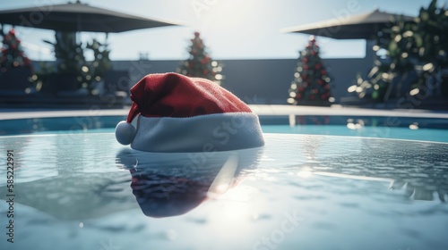 Christmas hat by the swimmingpool. Created with Generative AI.